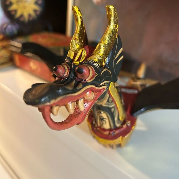 None Other - Vtg 90s 11.5" Dragon Naga Flying Hanging Green/Gold Handmade Wooden Bali Folkart